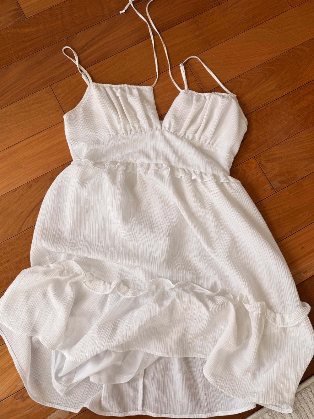 BCBGeneration White Spaghetti Strap Top with Ruffle Trim